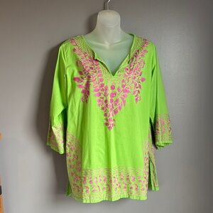 Gretchen Scott Designs Lime Green Tunic with Pink Embroidery *Sz MED